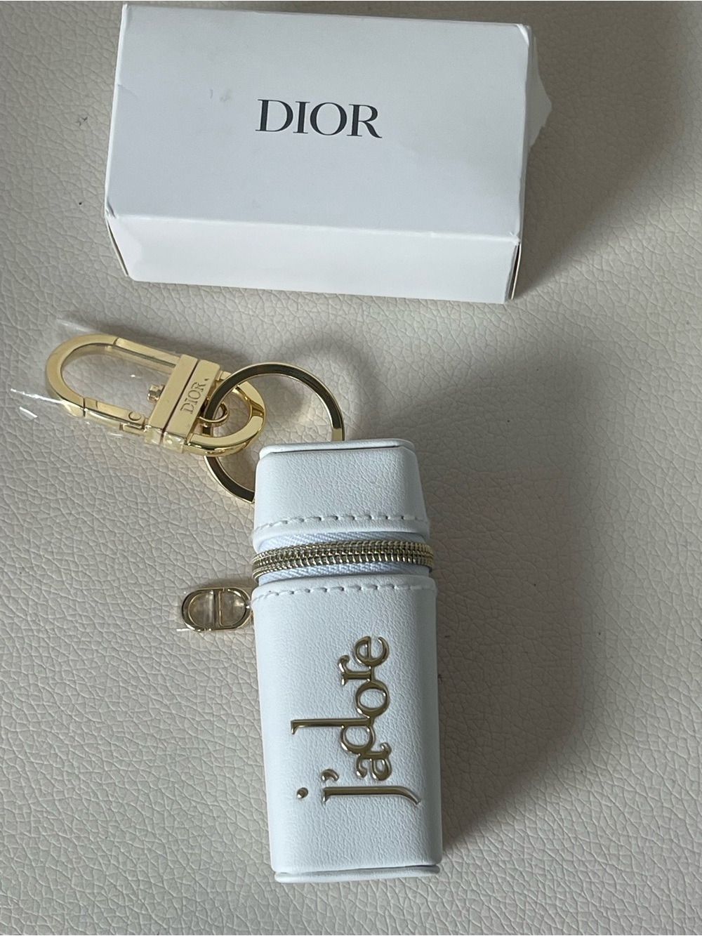 Dior White J'adore Leather Key & Card Holder with Gold Hardware